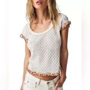 Free People White and Orange Short Sleeve Top